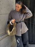 PICSGIRL  -  Winter Fashion Grey Khaki V Neck Full Sleeves Women Coat Elegant Solid Color Casual Loose Jacket Woman Autumn Commuter Outerwear