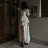 Picsgirl 2024 White Elegant Maxi Dresses Women Spring Summer V-neck Puff Sleeve Split Long Dress Female Casual Fashion Holiday Vestidos