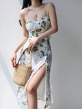 PICSGIRL  -  2024 Summer New Small Floral Sexy Slim Elegant Slit Suspenders Dress Street Style Casual Party Dress Women's Dresses