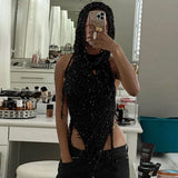 PICSGIRL  -  Sequins Knitted Tank Top And Shorts Two Piece Sets  Short Set Sexy Elegant Lace Up Backless Outfits Hollow Out Club Suit Summer