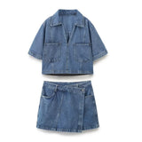 PICSGIRL  -  Solid Denim 2 Piece Set 2024 New V Neck Pocket Cropped Tops+Irregular Shorts Skirts Streetwear Fashion Summer Suits For Women