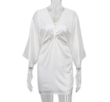 PICSGIRL  -  Flare Sleeve Satin Women Summer Dress Deep V-neck Hollowe Out Fashion Party Club Short Dresses Luxury Simple Slim Beach Vestidos