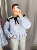 PICSGIRL -  Elegant Lace Up Ruffle Knit Sweater Women Fashion Lapel Collar Long Sleeve Hole Pullover 2024 Spring Lady Chic High Streetwear