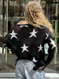 PICSGIRL  -  Street Stars Printed irregular Wide Collar Sweater Hot Girl Loose Thin Ripped Knit Sexy See Through Pullovers Long Sleeve