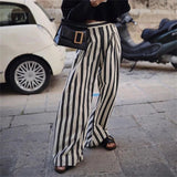 PICSGIRL -  Women Black White Stripe Wide Leg Long Pants New Office Lady Casual High Waist Vintage Loose Straight Trousers