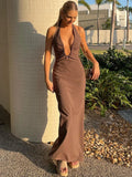 PICSGIRL  -  Deep V Neck Halter Long Dress Female Elegant Ruched Ribbon Splice Summer New Vacation Dress Sexy Slim Sleeveless Vestido