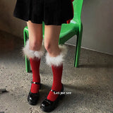 PICSGIRL  -  Winter Christmas New Year Red Socks Feather Lace Warm Long Socks for Women Japanese JK Girl Sweet Lolita Slim Sexy Stockings