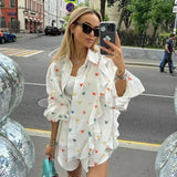 Picsgirl 2024 New Heart Printed Short Set Women Long Sleeve Pocket Ruffle Cardigan+Short Pants Sets Spring Summer Casual Chic 2 Piece Set