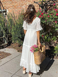 PICSGIRL  -  Embroidered White Lace Maxi Dress Elegant for Women Fashion Spring Summer Boho Beach Style Long Sundress Hollow Out New In