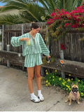 PICSGIRL  -   Summer Holiday Style Casual Striped Print Loose Tops With Shorts Suit Women Two Pieces Suit Beach Style Green Blouse With Pants