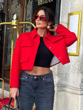 PICSGIRL - 2024 Spring Red Cropped Coat For Women Solid Turn-down Collar Pockets Jacket Female High Street Long Sleeve Lady Chic Outerwear