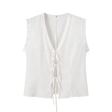 PICSGIRL  -  Summer V-neck Sleeveless Tie Tops 2024 New Casual Fashion Classic Slim Short White Vest Tops For Women