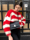 PICSGIRL  -  Red Striped Mohair Pullover Sweater Women Scoop Neck Lantern Sleeve Knitted Sweaters Autumn Winter New Casual Fashion Jumpers