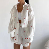 Picsgirl 2024 New Heart Printed Short Set Women Long Sleeve Pocket Ruffle Cardigan+Short Pants Sets Spring Summer Casual Chic 2 Piece Set