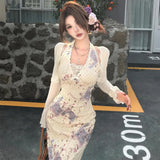 PICSGIRL  -  Sexy Two Pieces Set Sun Protection Crop Cardigan + High Waist Halter Print Backless Bandage Drees Femme Outfit Y2k Aesthetic