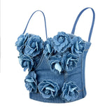 PICSGIRL  -  2025 Women's Handmade 3D Floral Denim Corset Bra Top Fishbone Bustier No Elasticity Push Up Bra Sexy Bralette Lingerie