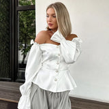 PICSGIRL  -  Elegant Women Shirt 2024 Autumn Winter Satin shirt White Ruffle Hem Buttoned Off Shoulder Strap Long Sleeve Slim Fit Blouse