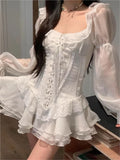 PICSGIRL  -  Y2K White Short Dresses for Women Long Sleeves Square Collar Lace-up Corset French Vintage Ruffles A-line Party Dress Vestidos