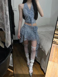 PICSGIRL  -  Summer Two Pieces Set Summer Halter Print Slim Sweet Ruffled Vest + Women Y2k Aesthetic Streetwear 3D Flower Grunge Mini Skirts