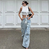 PICSGIRL -  Women Spring Fall Muti Pocket Cargo Wide Leg Denim Jeans Pants Trousers