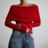 PICSGIRL  -  Women's Sweater Pullovers Long Sleeve Knitted One-Shoulder Sexy Slim Top Solid Color Autumn Winter 2024 Fashion Casual