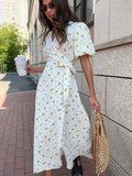 PICSGIRL  -  Cotton Floral Print Dress Summer Women V Neck Puff Sleeve Lace-up A-line Long Dresses 2024 New Elegant Casual Thin Vestidos Lady