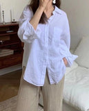 PICSGIRL  -  Casual Solid White Cotton Women Blouse Simple Fashion Button Lapel Lady Shirts Female Pocket Loose Basic Long Sleeve Top 2024