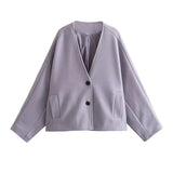 PICSGIRL  -  Grey Jackets for Women V-Neck Casual Coat Autumn 2024 New Fashion Single Breasted Long Sleeve Female Jacket Outwear