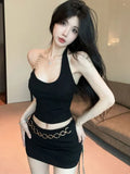 PICSGIRL  -  Hot Girl Sexy Suit Women's Metal Ring Irregular Halter Neck Vest Top Wrap Hip Short Skirt Two-piece Set Fashion Female Clothes