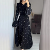 PICSGIRL  -   Literary Retro Style Women's Black Floral Dress V Neck Long Flare Sleeved High Waist Ruffles Casual Elegant Long Dress