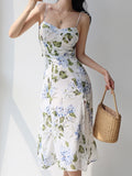 PICSGIRL  -  2024 Summer New Small Floral Sexy Slim Elegant Slit Suspenders Dress Street Style Casual Party Dress Women's Dresses