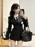 PICSGIRL  -  Black Korean Two Piece Dress Set Women Casual Polo Blouse + Dress Coat Set Female Slim Vintage Elegant Dress Suit 2024 New