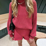 PICSGIRL  -  Knitted Solid Women Sweater Sets Crochet O Neck Full Sleeves Lady Pullover Set 2024 Autumn Casual Fashion Wide Leg Shorts Suit