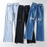 PICSGIRL  -  Jeans Pants Women Washed HOLE Out Floor Length Denim Pants Tassels