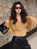 PICSGIRL  -  Unique Design Hollow V-Neck Sweater Women's Autumn And Winter Solid Color Versatile Slimming Knit Sweater