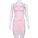 PICSGIRL  -  Pink Camisole Skirt Set Exposed Navel Wave Ruffled Edge Asymmetrical Top Double Layered Pleated Short Skirt Suit