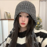 PICSGIRL  -  Winter Handmade Beanies for Women Fashion Tassel Thickened Warm Knitted Pullover Hat Outdoor Ear Protection Strap Woolen Bonnets