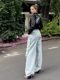 PICSGIRL -  Women Spring Fall Muti Pocket Cargo Wide Leg Denim Jeans Pants Trousers