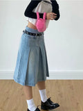 PICSGIRL  -  Y2k Streetwear Denim Pleated Skirt Women Vintage Low Waist A-line Distressed Knee-lenght Jeans Skirt Japanese Fashion