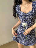 PICSGIRL  -  French Elegant Square Collar Print Puff Short Sleeve Dress Summer New High-Waist Mini Dress Women Floral Dress