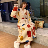 PICSGIRL  -  Women Print Mid-calf Robes Design Winter Warm Thick Korean Style Homewear Lounge Casual Popular Feminino Fashion Loose Bathrobe