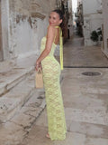 PICSGIRL  -  Yellow Lace Maxi Dress Women Fashion Spaghetti Strap Long Evening Party Dresses Sexy See Through Club Night Summer Dress 2024