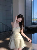 PICSGIRL  -  2024 New Apricot Fairy Ruffled Youthful Beautiful Design Street Quiet Intellectual Elegant Party Light Backless Dress Girl Sexy