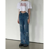 PICSGIRL  -  Women's Blue Bow Jeans Korean Baggy Cowboy Pants Harajuku Wide Denim Trouser 90s Aesthetic Y2k 2000s Trashy Emo Clothes 2024