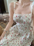 PICSGIRL  -  Elegant Vintage Floral Midi Dress Women Beach Style Strap Dress Even Party Korean Fashion Clothing Y2k 2024 New Slim Summer 90s