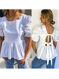 PICSGIRL  -  Back Lace Up Bow Shirt Top Square Collar Hollowed Out Casual Temperament Waist Cinching Summer Women White Short Sleeved Blouse