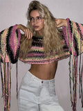 PICSGIRL  -  Knitted Tassels Cover Ups For Swimwear Women Sexy Loose Rainbow Shirt Girls Sweater Holiday Fashion Crop Pullover Femme