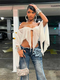 PICSGIRL  -  Summer White Sexy See Through Chiffon Tops Concert Party For Woman 2024 Long Sleeve Off Shoulder Irregular Chic Crop Top