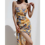 PICSGIRL  -  2024 New Sexy Vintage Floral Suspender Dress Slim Fit With Lace Up Slit Elegant Women'S Dresses Fashion Party Club