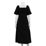 PICSGIRL -  Black Vintage Chic Midi Dress Women Spring Summer Square Collar Puff Sleeve Casual Vestidos 2024 New Simple Fashion Long Dresses